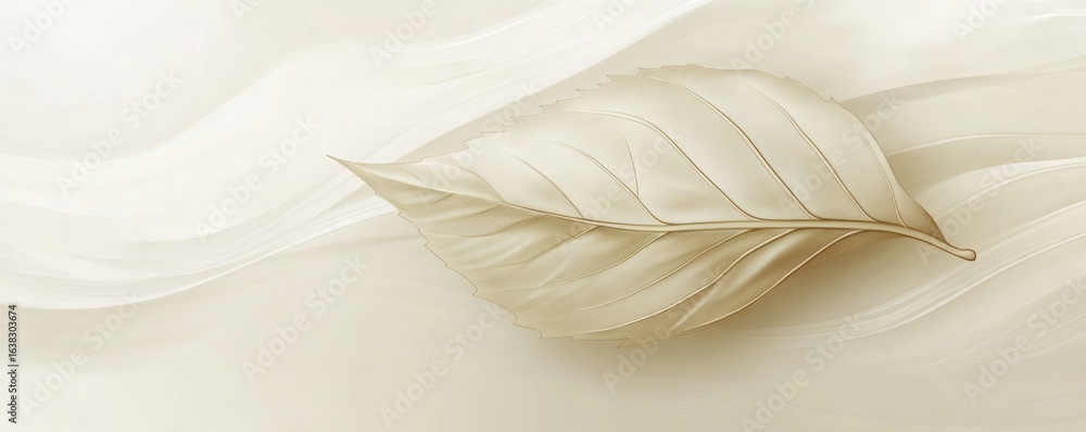 Poster a single detailed beige leaf floating over abstract wavy patterns
