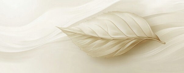 A single detailed beige leaf floating over abstract wavy patterns
