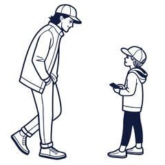 A tall man wearing a baseball cap and jacket talks to a young boy holding a phone