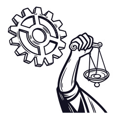 Arm holding scales of justice next to a large gear representing industry and law