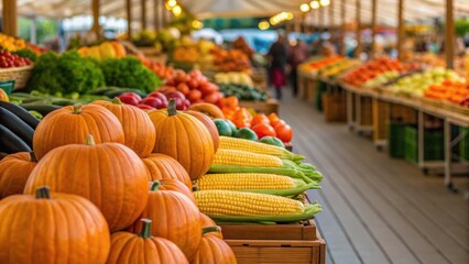 Fototapeta premium Vibrant market scene showcasing pumpkins, corn, and a variety of fresh produce arranged in stalls.