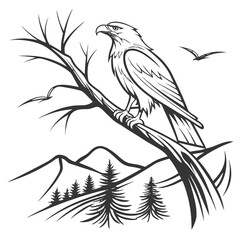 Majestic eagle perched on a bare branch overlooking a serene mountain landscape with pine trees and a bird in flight