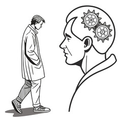 Man with gears in his head observing another man walking with his hands in his pockets