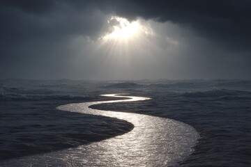 Winding river path, sunlit through dark clouds