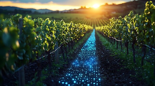 Scenic vineyard landscape at sunset with digital data overlay - Powered by Adobe