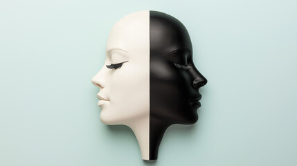 Minimalist sculpture of dual faced mannequin, one side white and other black, set against pastel background, evokes contrast and harmony