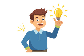 Bright Idea: An illustrative image of a man, brimming with inspiration as a glowing light bulb hovers over his finger, portraying the flash of ingenuity.