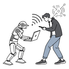 Robot and human interacting with technology sharing data wirelessly through laptops and smartphones