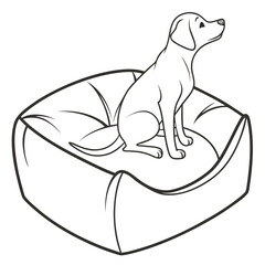 Simple outline drawing of a happy dog sitting attentively on a plush dog bed
