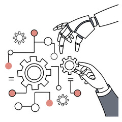 Robot and human hands collaborate on complex mechanical engineering system with gears and circuits