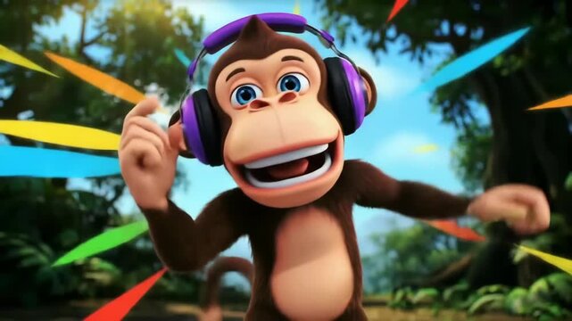 Joyful animated monkey with headphones dancing energetically amidst vibrant colorful shapes and lush jungle foliage, capturing a festive party vibe.