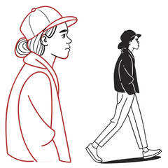 Stylized illustration of a young person wearing a baseball cap and hoodie in profile and full body view
