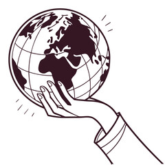 Stylized outline of a hand gently holding a globe representing the world with radiating lines