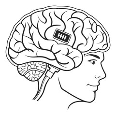 Stylized outline of a human head profile with a brain containing a digital chip implant and connecting wires