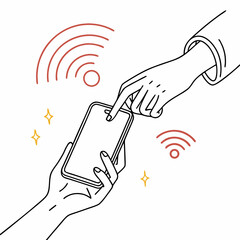 Two hands interacting with a smartphone displaying wireless signals and sparkling effects representing technology and communication