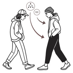 Two people walking towards each other with arrows indicating a connection or exchange of ideas
