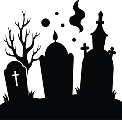 Foggy New England Graveyard with Moss Covered Tombstones Silhouette on Transparent Background This vector design
