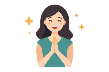 Cheerful Gratitude: A cartoon lady in casual attire clasps hands, radiating sincere appreciation, showcasing the beauty of gratitude and inner peace.