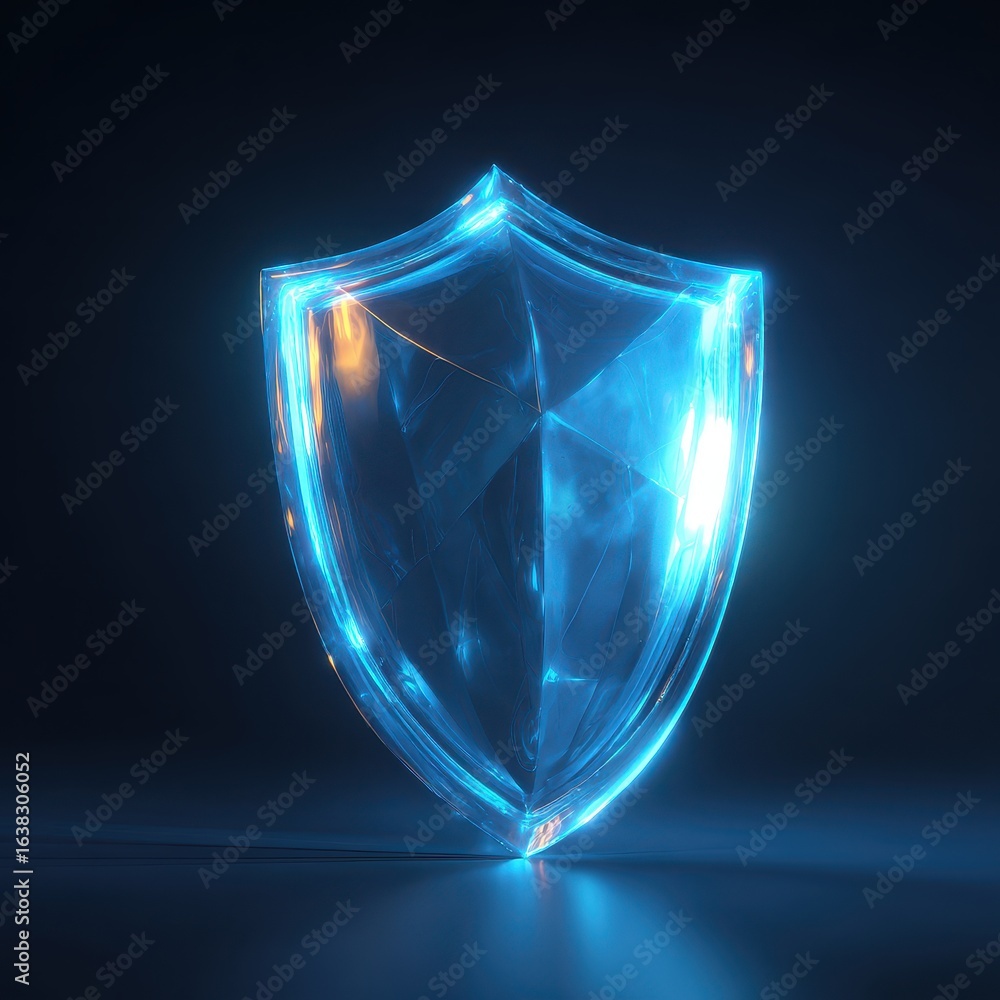 Poster glowing shield protects on dark surface; security or tech background use