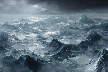 High-altitude view of a vast, snow-capped mountain range, shrouded in mist and dramatic clouds