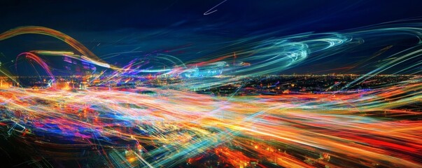 Colorful trails of light cascade over a cityscape at night