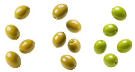 green olives falling down set PNG. Olive fruit flying isolated. Falling olive pieces PNG for fresh and organic Mediterranean cuisine concepts. Green olives isolated