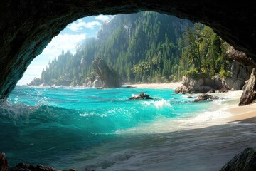 Scenic beach view through a cave entrance. Lush, turquoise water laps a sandy shore, framed by towering cliffs and dense forest