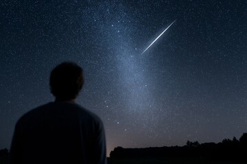 Fototapeta premium silhouette watching meteor streak across Milky Way, Perseids meteor shower night sky
