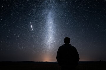 silhouette of man watching night sky with Milky Way and meteor, Perseids meteor shower