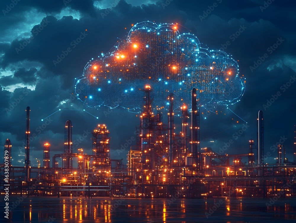 Poster smart grid data cloud above a manufacturing hub enabling digital optimization and efficient producti
