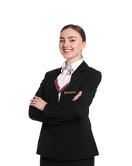 Smiling receptionist in uniform with crossed arms on white background