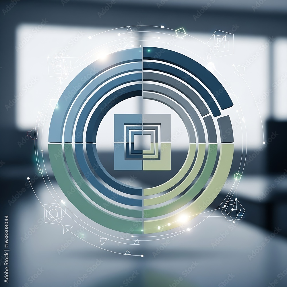 Poster abstract circular data visualization with futuristic elements on blurred background