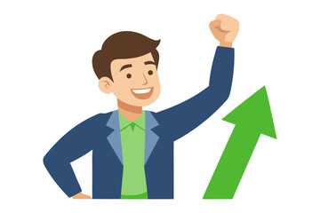 Visionary's Ascent: An illustration captures a triumphant man, his arm raised in a gesture of accomplishment. A green arrow emphasizes upward trajectory, symbolizing growth and prosperity.
