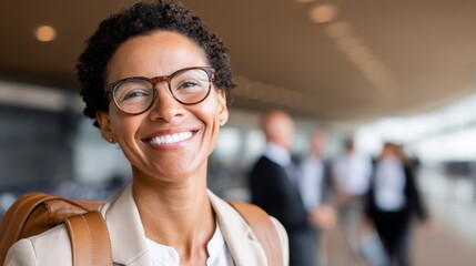 Fototapeta premium Young happy woman smiling at the airport while interacting with travelers in a bustling environment