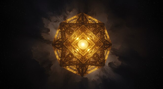 Golden Geometric Structure Illuminated in a Cosmic Nebula Dark Landscape