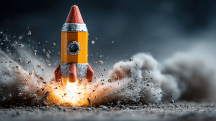 Fototapeta premium Yellow Pencil Rocket Launching with Smoke and Fire