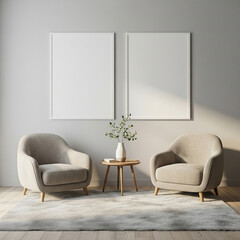 modern living room interior design with white sofa. Modern interior with two blank poster mockups on clean wall and cozy armchairs in stylish living room setting with wooden flooring.