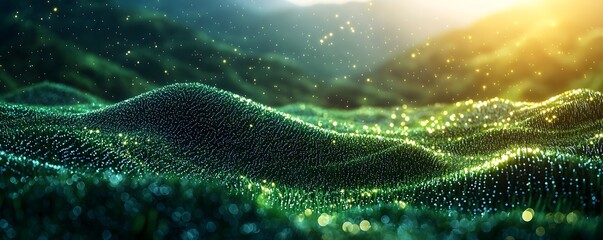 Holographic DNA code flowing across a serene digital rice field
