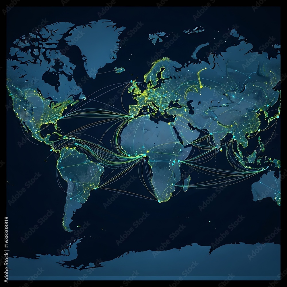 Poster global network connection with lines and dots on world map representing communication