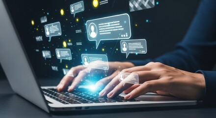 Person typing on laptop with glowing digital chat bubbles and user icons computer technology