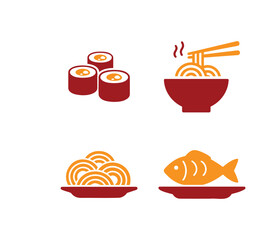 Popular asian food Flat icons Set, sushi, ramen, noodles, chopsticks, fish, pasta. Vector Color Silhouette Illustration.