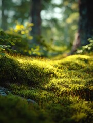 green moss in a bright forest clearing seasonal natur background with bokeh and short depth of field closeup with space for text  generative ai