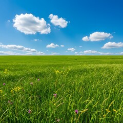 Obraz premium A vast green meadow with wildflowers under a brilliant blue sky and fluffy white clouds on a sunny summer day.