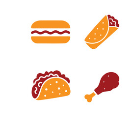 Popular Fast Food Flat Icons Set, hot dog, sandwich, burrito, taco, and chicken leg. Vector Color Silhouette Illustration.