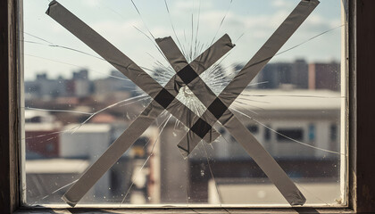 Broken window with duct tape securing broken glass outdoors  