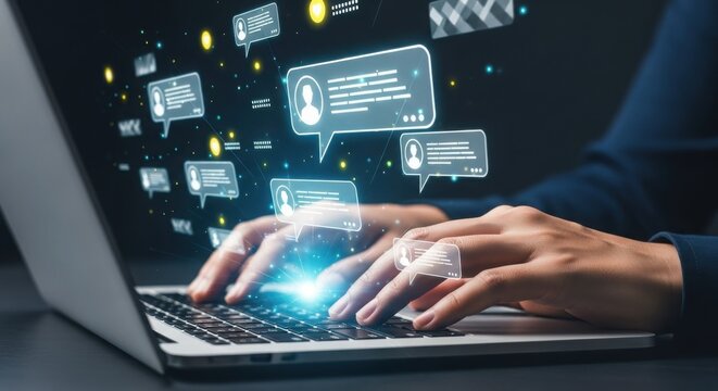 Person typing on laptop with glowing digital chat bubbles and user icons computer technology