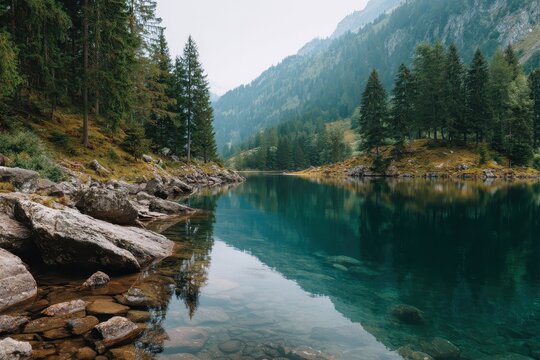 Serene alpine lake reflects towering green forested mountains under a softly lit sky