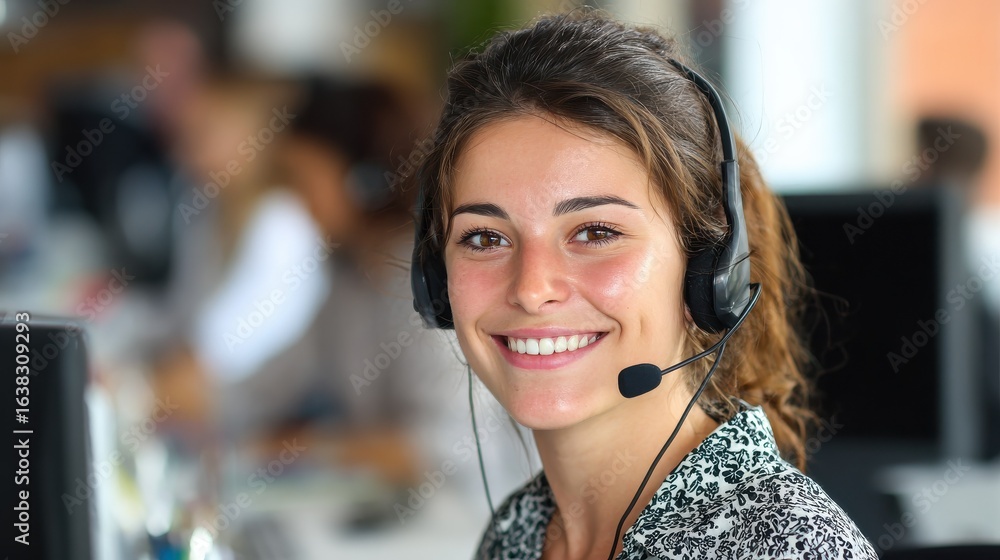 Poster smiling mid woman working as customer support operator with headset in a call center portrait of hap