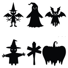 Fototapeta premium Halloween silhouettes featuring witch bat ghost scarecrow and pumpkin
