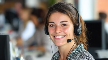 smiling mid woman working as customer support operator with headset in a call center portrait of happy sales agent sitting at desk and looking at camera customer care support service representative n